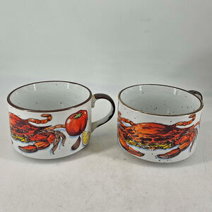 2 vintage D.H. Holmes Red Crab Stoneware single Handle Soup Chowder Bowls Japan